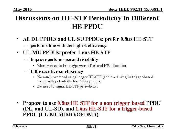 May 2015 doc. : IEEE 802. 11 -15/0381 r 1 Discussions on HE-STF Periodicity