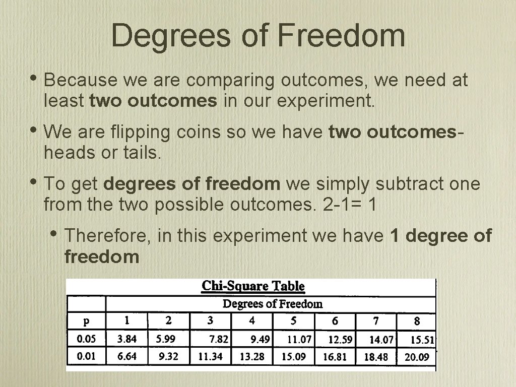 Degrees of Freedom • Because we are comparing outcomes, we need at least two