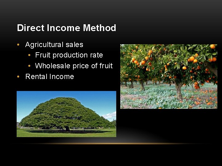 Direct Income Method • Agricultural sales • Fruit production rate • Wholesale price of
