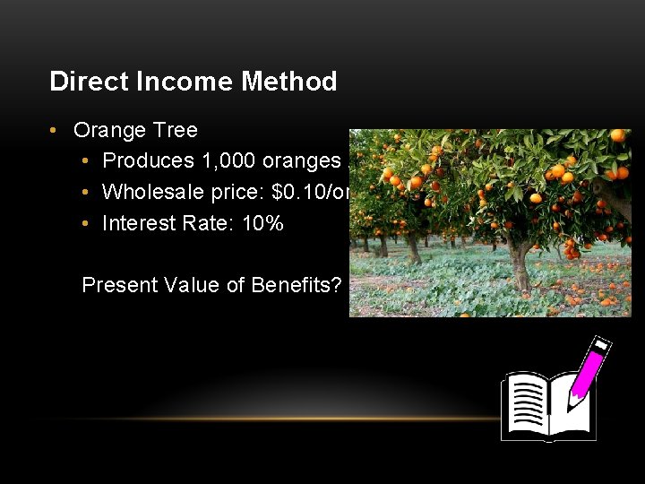 Direct Income Method • Orange Tree • Produces 1, 000 oranges / yr •