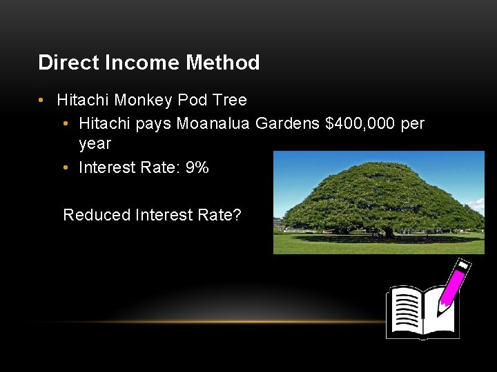 Direct Income Method • Hitachi Monkey Pod Tree • Hitachi pays Moanalua Gardens $400,