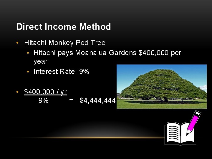 Direct Income Method • Hitachi Monkey Pod Tree • Hitachi pays Moanalua Gardens $400,