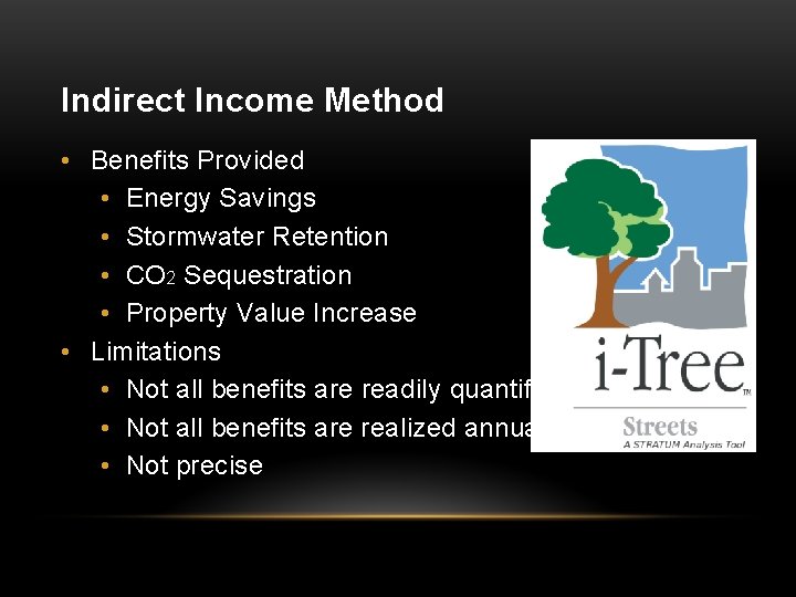 Indirect Income Method • Benefits Provided • Energy Savings • Stormwater Retention • CO