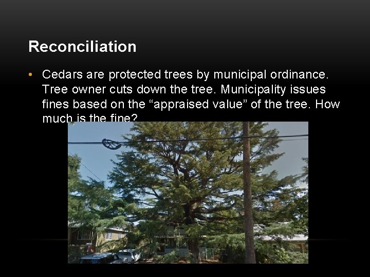 Reconciliation • Cedars are protected trees by municipal ordinance. Tree owner cuts down the