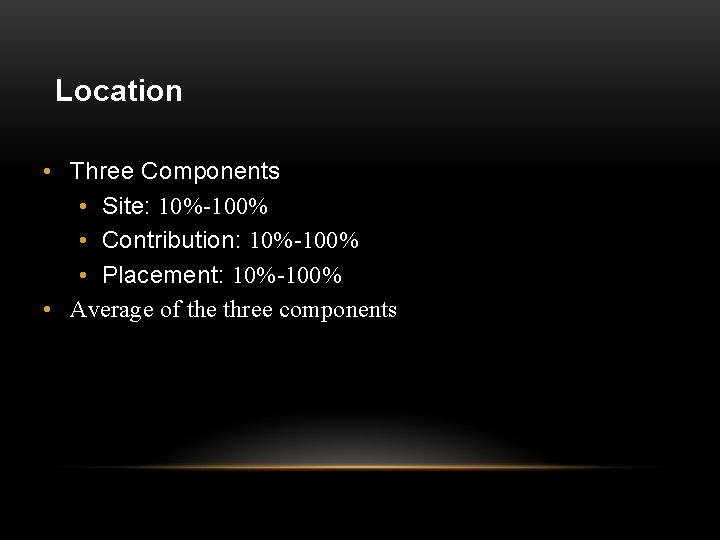 Location • Three Components • Site: 10%-100% • Contribution: 10%-100% • Placement: 10%-100% •