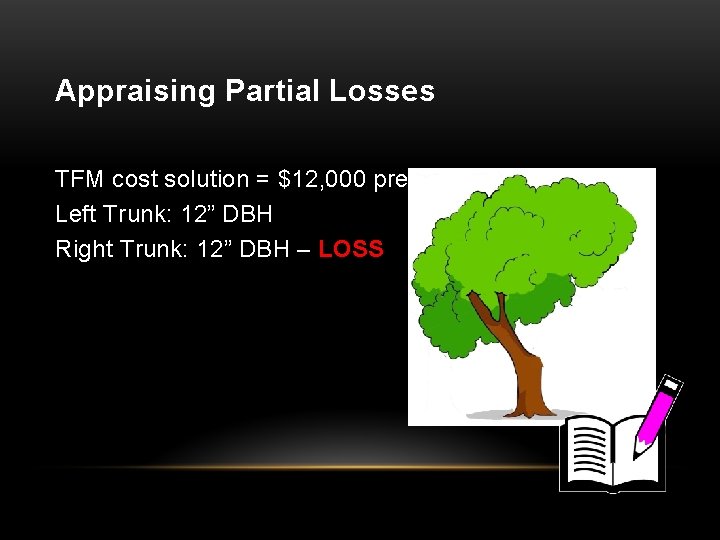 Appraising Partial Losses TFM cost solution = $12, 000 pre-loss Left Trunk: 12” DBH