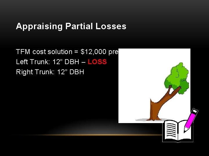 Appraising Partial Losses TFM cost solution = $12, 000 pre-loss Left Trunk: 12” DBH