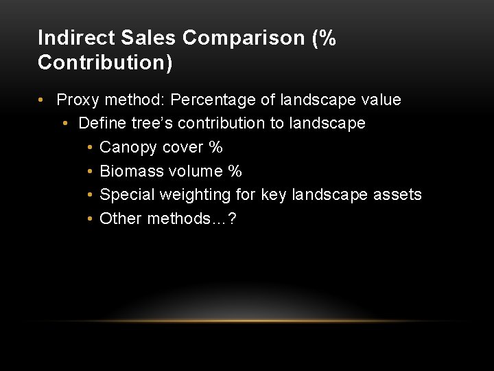 Indirect Sales Comparison (% Contribution) • Proxy method: Percentage of landscape value • Define