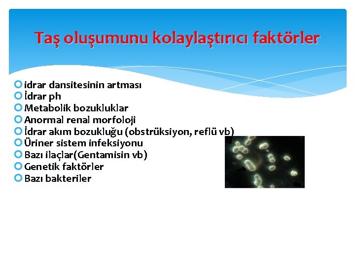 Taş oluşumunu kolaylaştırıcı faktörler idrar dansitesinin artması İdrar ph Metabolik bozukluklar Anormal renal morfoloji