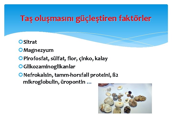 Taş oluşmasını güçleştiren faktörler Sitrat Magnezyum Pirofosfat, sülfat, flor, çinko, kalay Glikozaminoglikanlar Nefrokalsin, tamm-horsfall