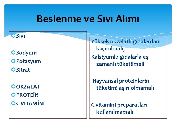 Beslenme ve Sıvı Alımı Sıvı Sodyum Potasyum Sitrat OKZALAT PROTEİN C VİTAMİNİ Yüksek okzalatlı Beslenme ve Sıvı Alımı Sıvı Sodyum Potasyum Sitrat OKZALAT PROTEİN C VİTAMİNİ Yüksek okzalatlı