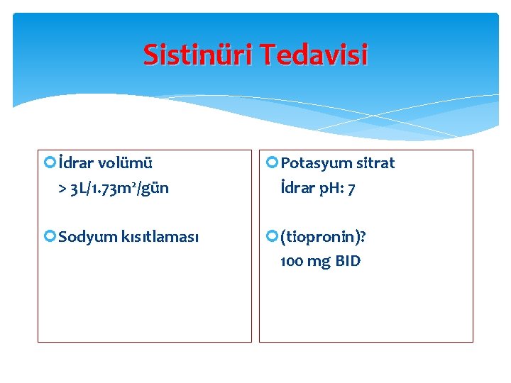 Sistinüri Tedavisi İdrar volümü > 3 L/1. 73 m 2/gün Potasyum sitrat İdrar p.