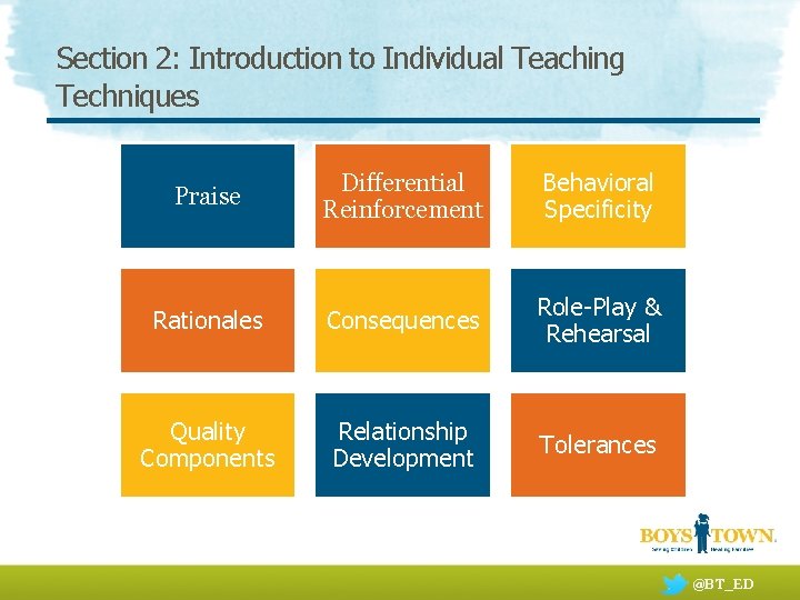 Section 2: Introduction to Individual Teaching Techniques Praise Differential Reinforcement Behavioral Specificity Rationales Consequences