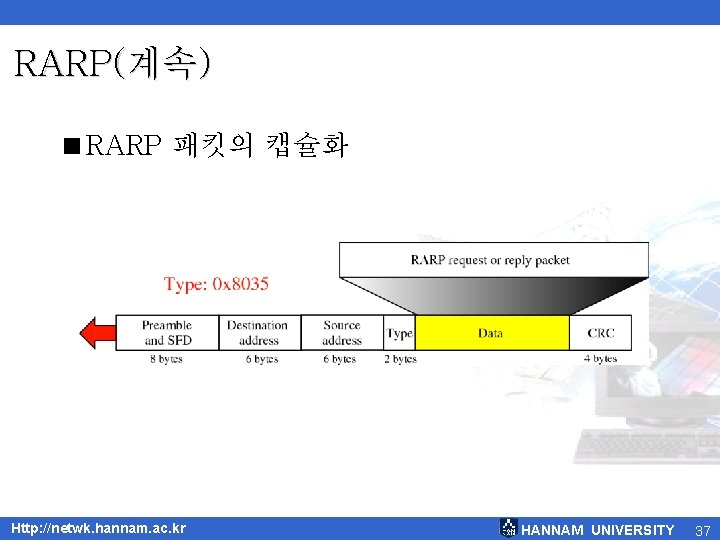 RARP(계속) <RARP 패킷의 캡슐화 Http: //netwk. hannam. ac. kr HANNAM UNIVERSITY 37 