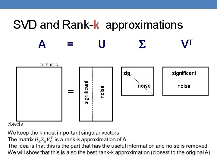 SVD and Rank-k approximations A = U VT features objects noise = significant noise