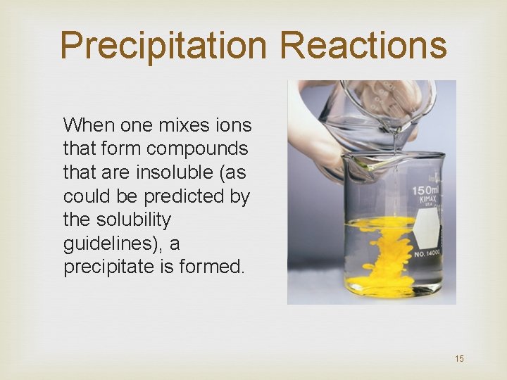 Precipitation Reactions When one mixes ions that form compounds that are insoluble (as could