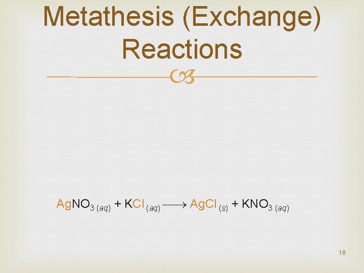 Metathesis (Exchange) Reactions Ag. NO 3 (aq) + KCl (aq) Ag. Cl (s) +