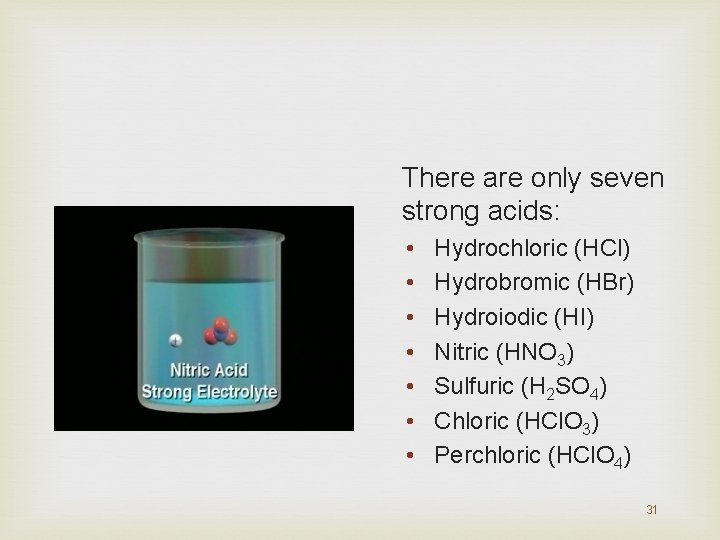 There are only seven strong acids: • • Hydrochloric (HCl) Hydrobromic (HBr) Hydroiodic (HI)