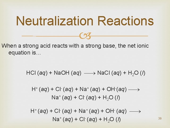 Neutralization Reactions When a strong acid reacts with a strong base, the net ionic