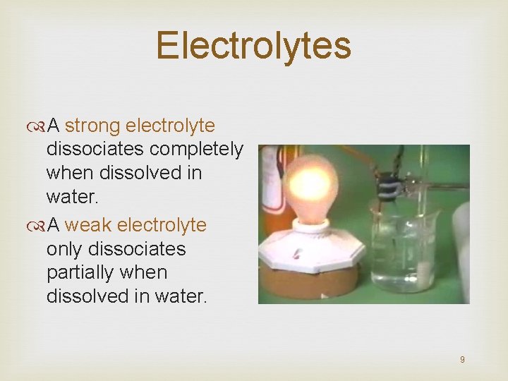 Electrolytes A strong electrolyte dissociates completely when dissolved in water. A weak electrolyte only