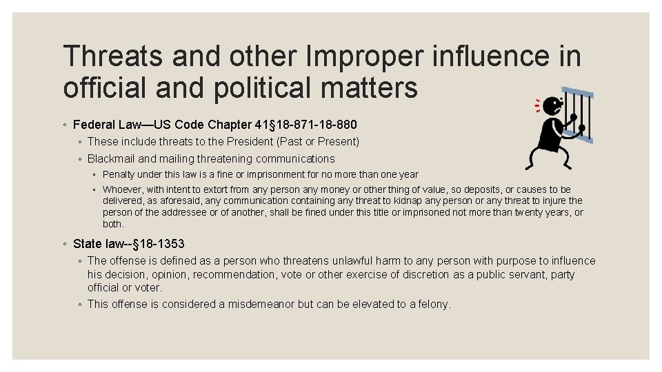 Threats and other Improper influence in official and political matters ◦ Federal Law—US Code