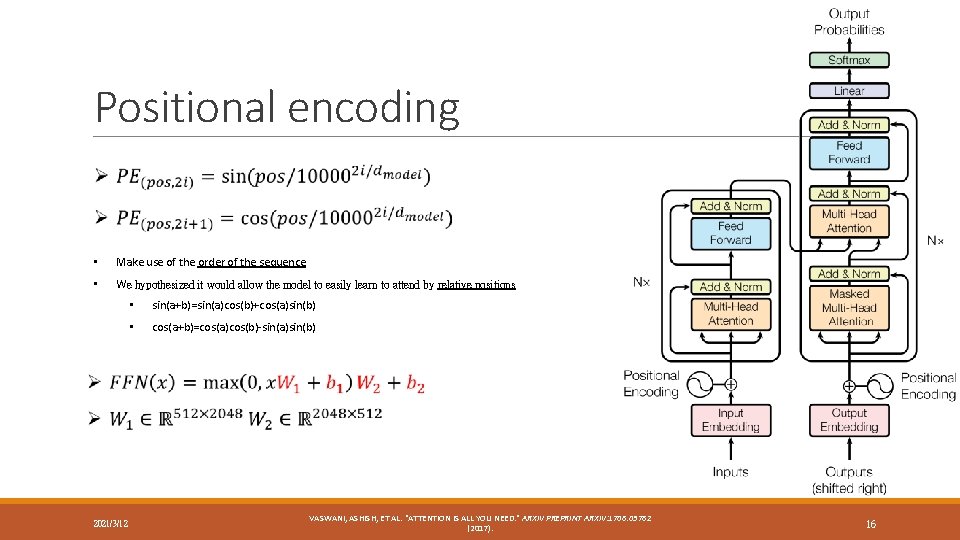 Positional encoding • Make use of the order of the sequence • We hypothesized