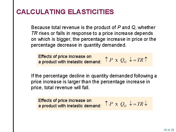 CALCULATING ELASTICITIES Because total revenue is the product of P and Q, whether TR