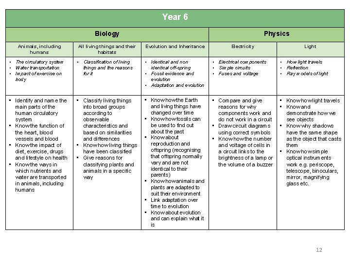 Year 6 Biology Animals, including humans Physics All living things and their habitats Evolution