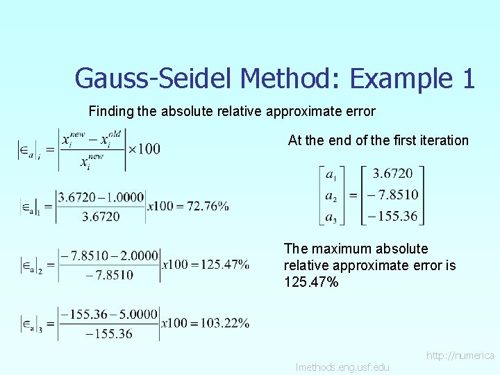 Gauss-Seidel Method: Example 1 Finding the absolute relative approximate error At the end of Gauss-Seidel Method: Example 1 Finding the absolute relative approximate error At the end of