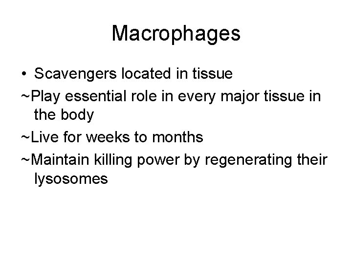 Macrophages • Scavengers located in tissue ~Play essential role in every major tissue in
