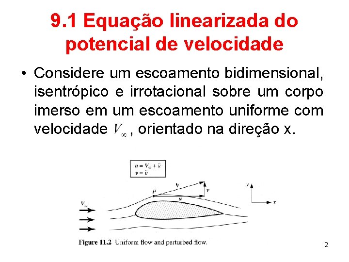 9. 1 Equação linearizada do potencial de velocidade • Considere um escoamento bidimensional, isentrópico