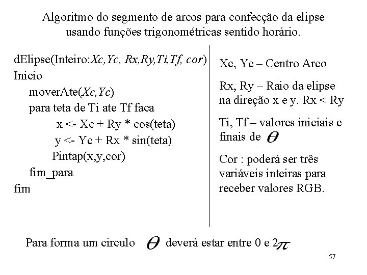 Algoritmo do segmento de arcos para confecção da elipse usando funções trigonométricas sentido horário. Algoritmo do segmento de arcos para confecção da elipse usando funções trigonométricas sentido horário.