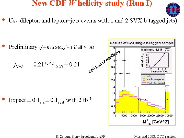 New CDF W helicity study (Run I) • Use dilepton and lepton+jets events with New CDF W helicity study (Run I) • Use dilepton and lepton+jets events with
