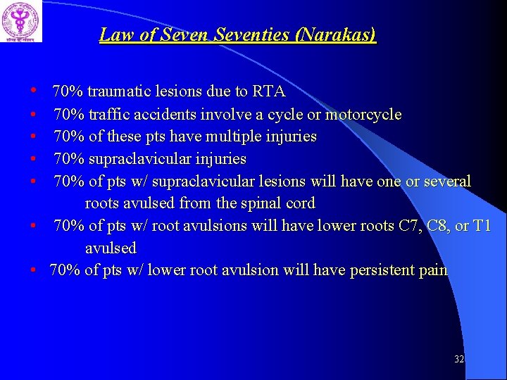 Law of Seventies (Narakas) • 70% traumatic lesions due to RTA • • 70%