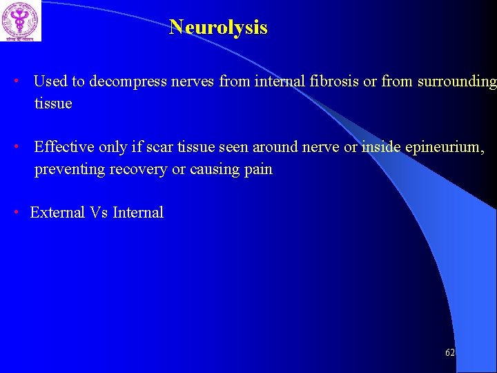 Neurolysis • Used to decompress nerves from internal fibrosis or from surrounding tissue •