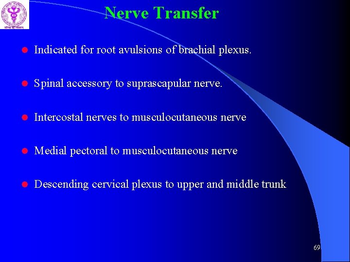 Nerve Transfer l Indicated for root avulsions of brachial plexus. l Spinal accessory to