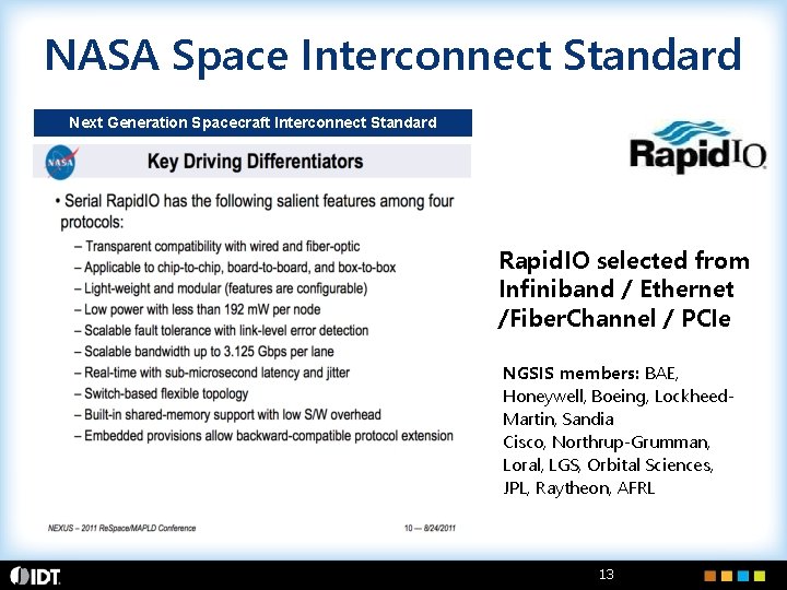 NASA Space Interconnect Standard Next Generation Spacecraft Interconnect Standard Rapid. IO selected from Infiniband