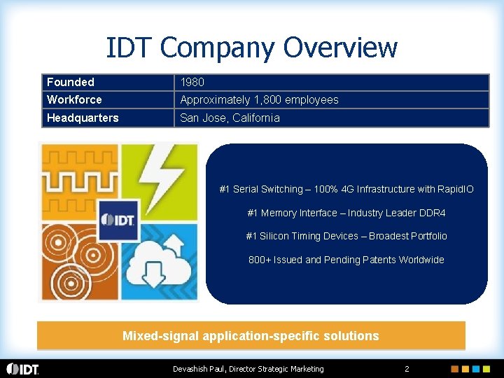 IDT Company Overview Founded 1980 Workforce Approximately 1, 800 employees Headquarters San Jose, California