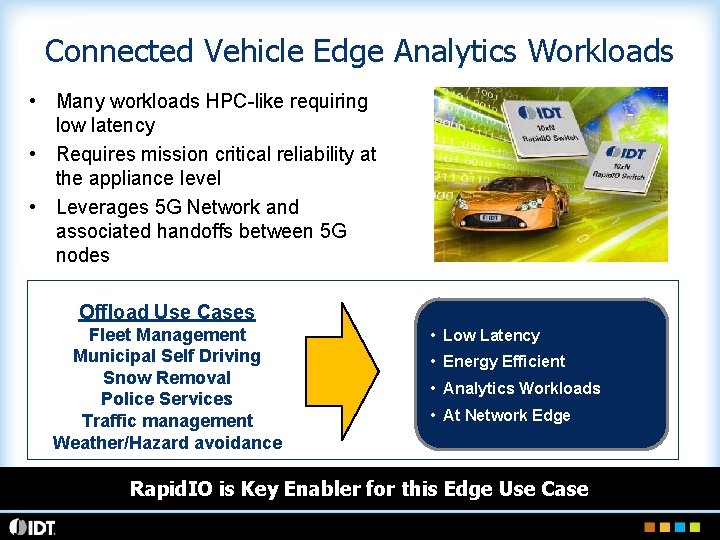 Connected Vehicle Edge Analytics Workloads • Many workloads HPC-like requiring low latency • Requires