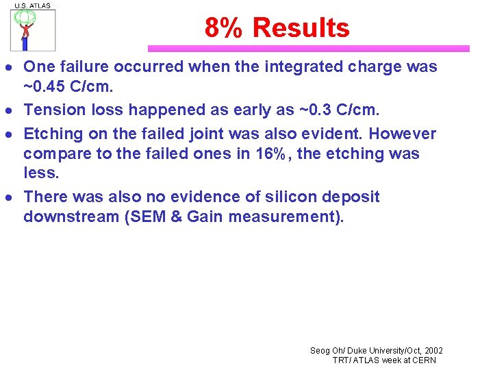 8% Results · One failure occurred when the integrated charge was ~0. 45 C/cm.