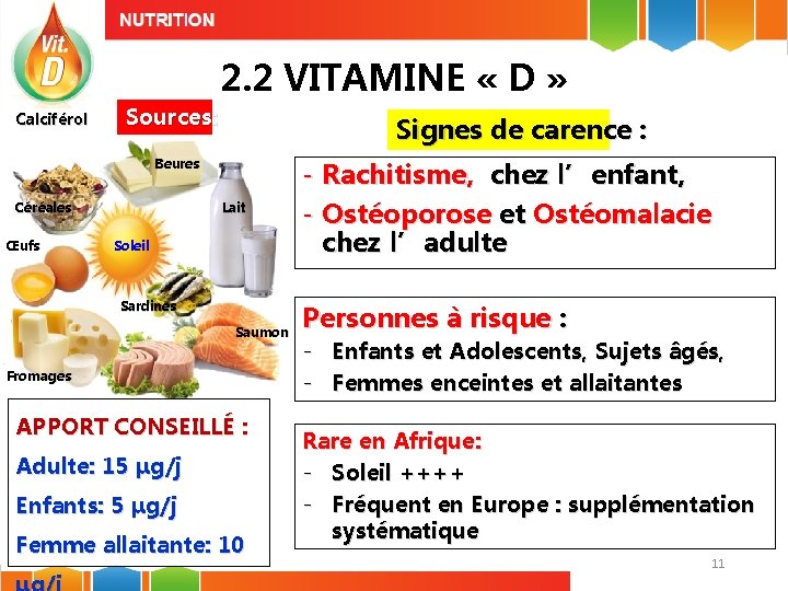 2. 2 VITAMINE « D » Calciférol Sources: Signes de carence : Beures Céréales