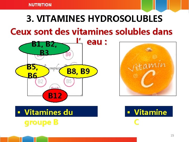 3. VITAMINES HYDROSOLUBLES Ceux sont des vitamines solubles dans l’eau : B 1, B