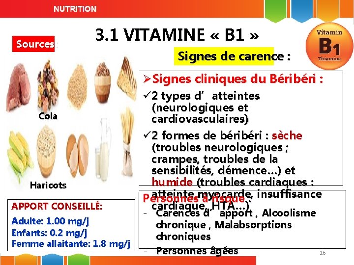 Sources: 3. 1 VITAMINE « B 1 » Signes de carence : ØSignes cliniques