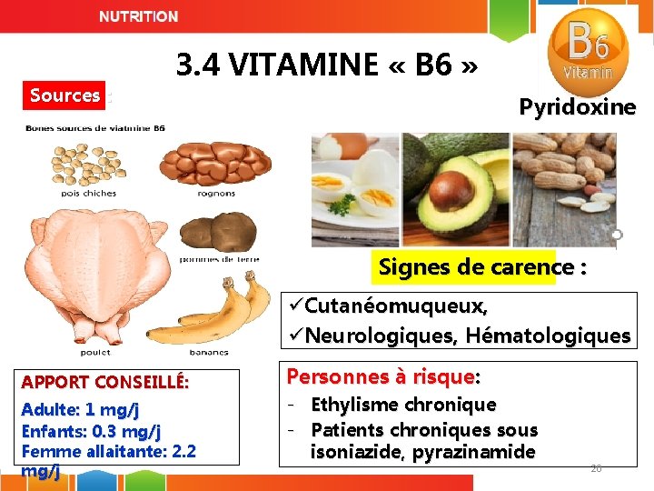 Sources : 3. 4 VITAMINE « B 6 » Pyridoxine Signes de carence :