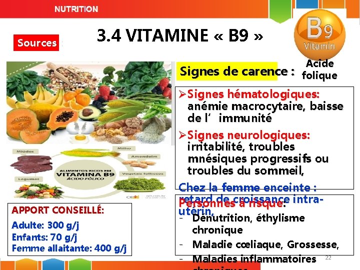 Sources : 3. 4 VITAMINE « B 9 » Signes de carence : APPORT