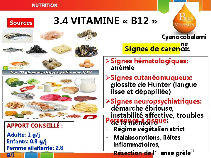 Sources : 3. 4 VITAMINE « B 12 » Cyanocobalami ne Signes de carence: