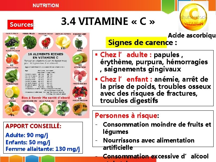 Sources: 3. 4 VITAMINE « C » Acide ascorbique Acide ascorbiqu Signes de carence