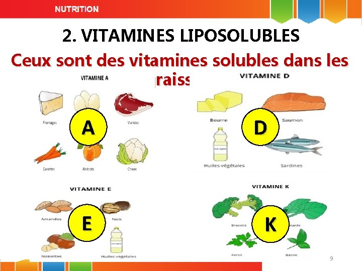 2. VITAMINES LIPOSOLUBLES Ceux sont des vitamines solubles dans les graisses: A E D