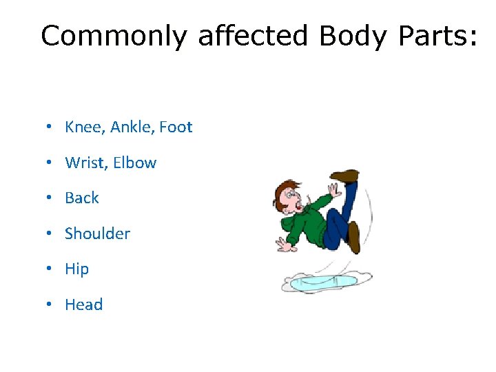 Commonly affected Body Parts: • Knee, Ankle, Foot • Wrist, Elbow • Back •