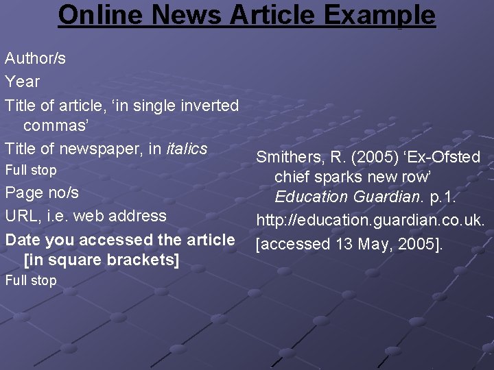 Online News Article Example Author/s Year Title of article, ‘in single inverted commas’ Title